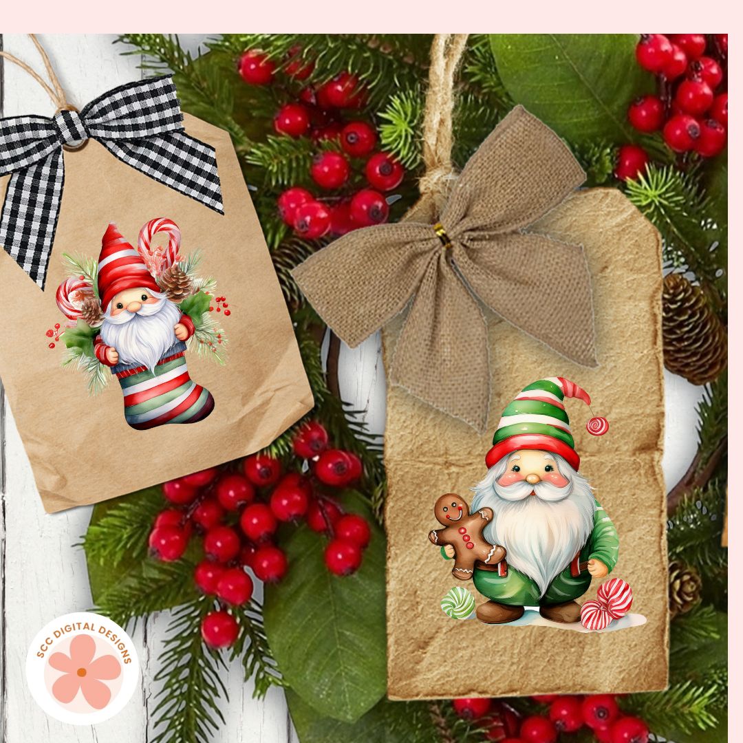 Christmas Gnomes Clipart Bundle, Whimsical Santa Gnomes, Gingerbread Cookies, Stockings & Candy Cane PNGs for DIY Crafts, Stickers & Scrapbooking