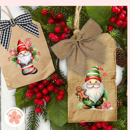 Christmas Gnomes Clipart Bundle, Whimsical Santa Gnomes, Gingerbread Cookies, Stockings & Candy Cane PNGs for DIY Crafts, Stickers & Scrapbooking