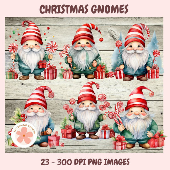 Christmas Gnomes Clipart Bundle, Whimsical Santa Gnomes, Gingerbread Cookies, Stockings & Candy Cane PNGs for DIY Crafts, Stickers & Scrapbooking
