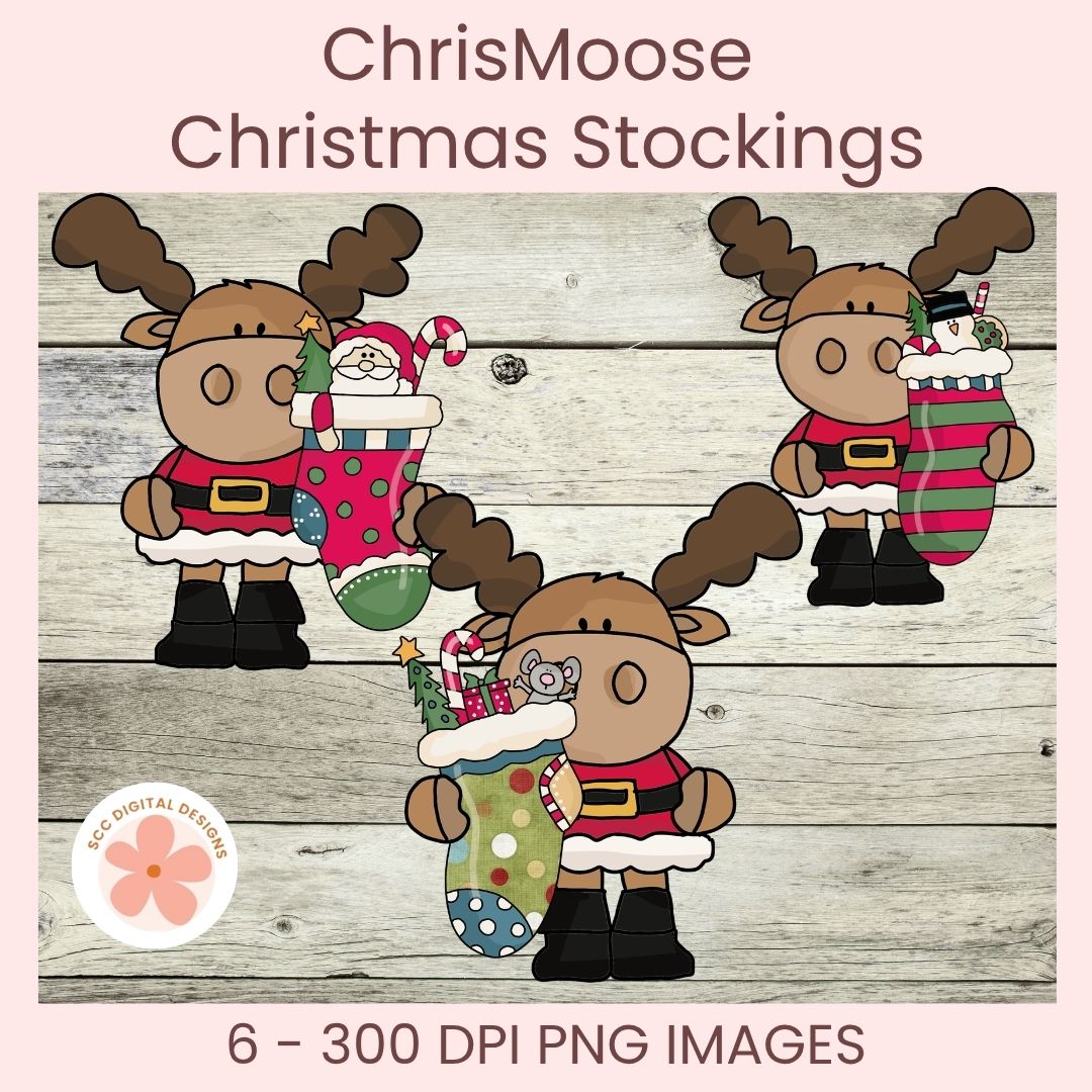 Digital clipart preview for 'ChrisMoose Christmas Stockings' showing three cartoon moose characters wearing red Santa outfits and holding Christmas stockings on a light wood plank background, with text reading '6 - 300 DPI PNG IMAGES' and a circular 'DOC DIGITAL DESIGNS' logo.