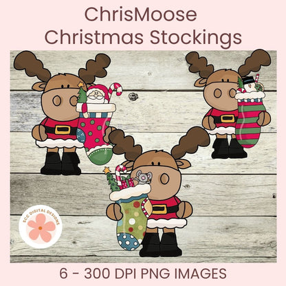 Digital clipart preview for 'ChrisMoose Christmas Stockings' showing three cartoon moose characters wearing red Santa outfits and holding Christmas stockings on a light wood plank background, with text reading '6 - 300 DPI PNG IMAGES' and a circular 'DOC DIGITAL DESIGNS' logo.