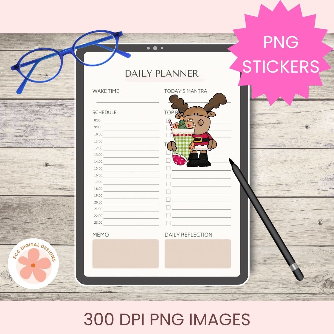 A digital daily planner printable shown on a tablet screen, with a pink starburst reading 'PNG STICKERS,' blue glasses, a black stylus, and a circular 'DOC DIGITAL DESIGNS' logo on a light wood background. Text at the bottom says '300 DPI PNG IMAGES.