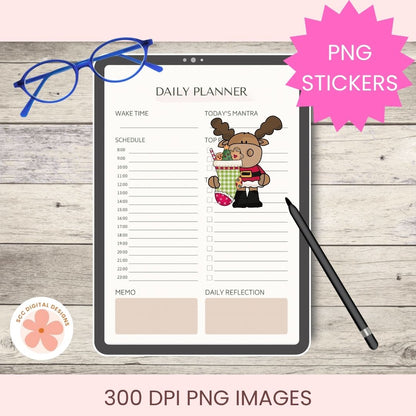 A digital daily planner printable shown on a tablet screen, with a pink starburst reading 'PNG STICKERS,' blue glasses, a black stylus, and a circular 'DOC DIGITAL DESIGNS' logo on a light wood background. Text at the bottom says '300 DPI PNG IMAGES.