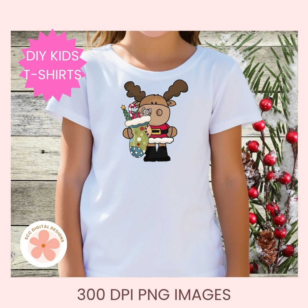 A child wearing a white short-sleeve T-shirt with a cartoon reindeer holding a Christmas stocking graphic on the chest. The image includes a pink badge reading 'DIY KIDS T-SHIRTS' and text at the bottom reading '300 DPI PNG IMAGES'.