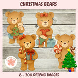 Set of Christmas-themed teddy bears with decorative items on a wooden background
