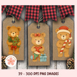 Three bear-themed gift tags with festive decorations on a wooden background.