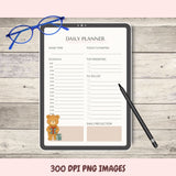 Daily planner on a tablet with a pen and glasses on a wooden surface