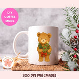 White mug with a bear design holding a Christmas wreath, surrounded by festive decorations.