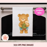 Towel with teddy bear design hanging on a towel rack, labeled 'project idea'.