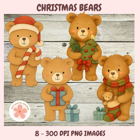 Four Christmas-themed teddy bears with holiday items on a wooden background
