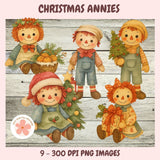 Illustrations of Christmas-themed dolls on a wooden background with 'Christmas Annies' text.