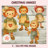 Four Christmas-themed dolls with gingerbread men on a wooden background, labeled 'Christmas Annies'.