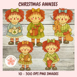 Illustrations of Christmas-themed girls with red hair and green bows on a wooden background.