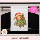Towel with a Christmas-themed design of a girl with a tree, hanging on an oven handle.