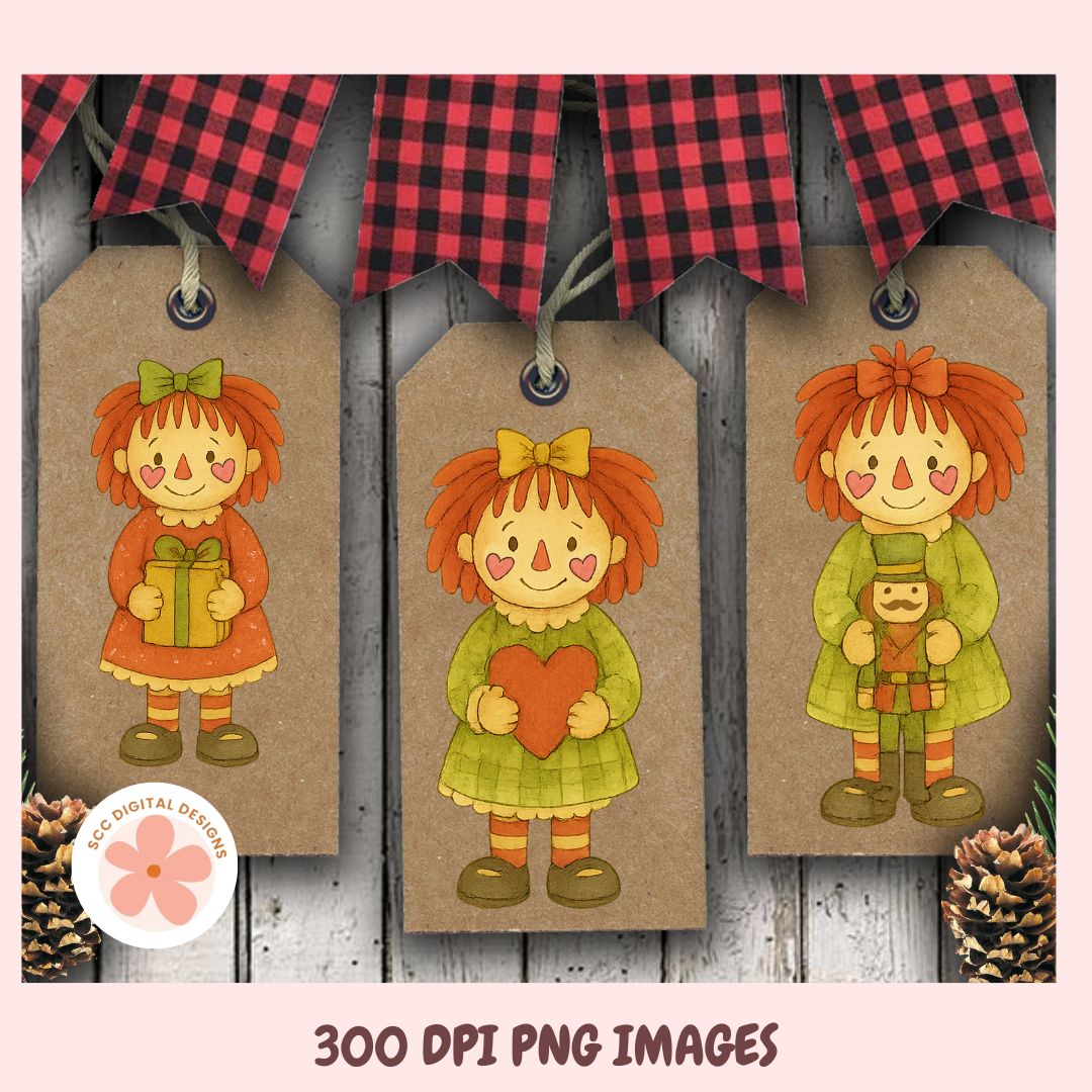 Three cartoon-style character tags with plaid banner and pinecones on wooden background