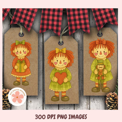Three cartoon-style character tags with plaid banner and pinecones on wooden background