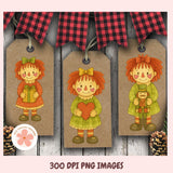 Three cartoon-style character tags with plaid banner and pinecones on wooden background