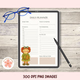 Daily planner on a tablet with a pencil and glasses on a wooden surface, featuring a character illustration.