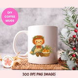White mug with a cartoon character holding a basket of oranges, surrounded by Christmas decorations.