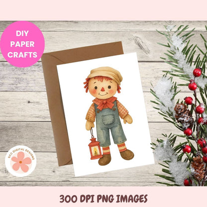 Scarecrow illustration on a card with DIY paper crafts text and digital design logo.