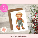 Scarecrow illustration on a card with DIY paper crafts text and digital design logo.