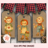 Three Christmas-themed scarecrow tags with plaid background