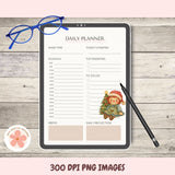 Daily planner on a tablet with a pen and glasses on a wooden surface