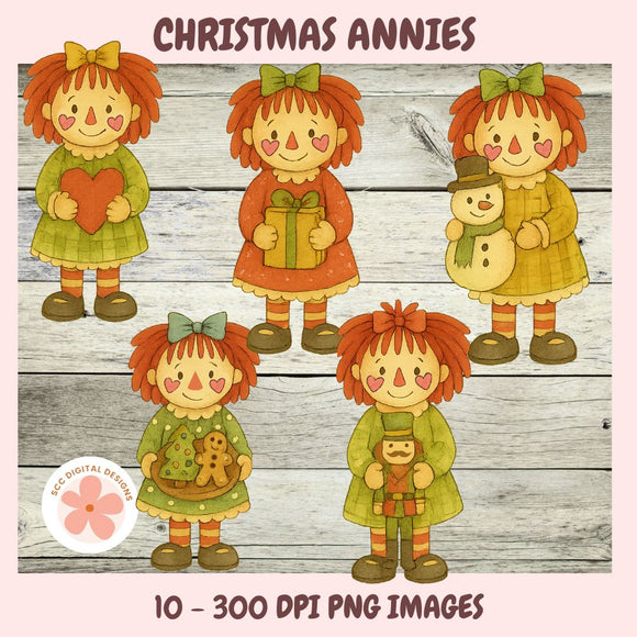 Illustrations of Christmas-themed characters with red hair on a wooden background, featuring text 'Christmas Annies' and 'EC Digital Design'.