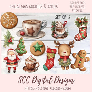 Cute Christmas Cookies Stickers for Digital or Paper Planners, Cocoa Mugs Pre-Cropped Clipart Printable Stickers for Women, Kids, Journals & Scrapbooking