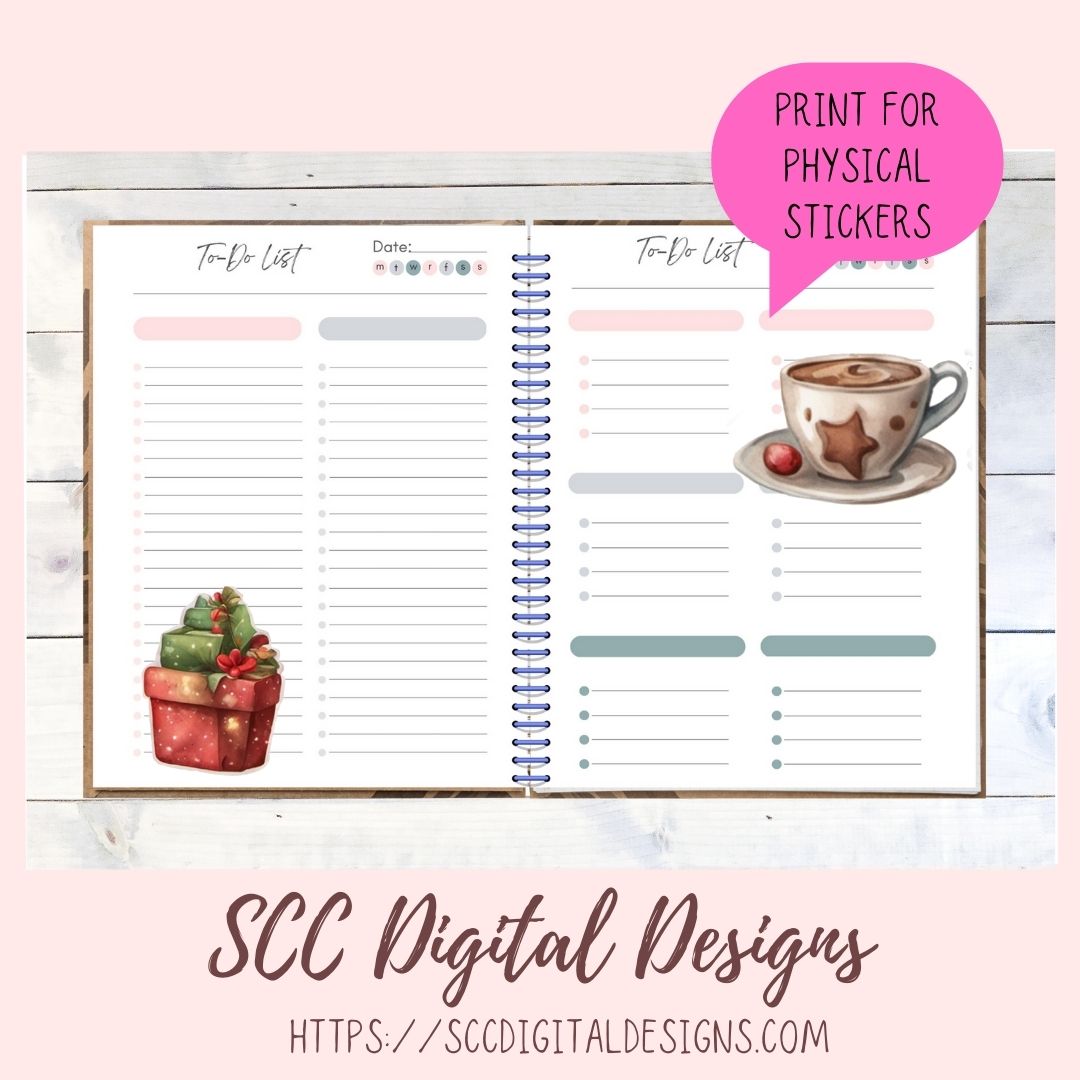 Cute Christmas Eve Cocoa Stickers for Digital or Paper Planners, Pre-Cropped Clipart Printable Stickers for Women, Journal and Scrapbooking