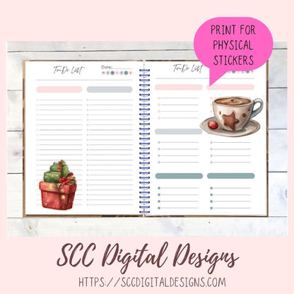 Cute Christmas Eve Cocoa Stickers for Digital or Paper Planners, Pre-Cropped Clipart Printable Stickers for Women, Journal and Scrapbooking