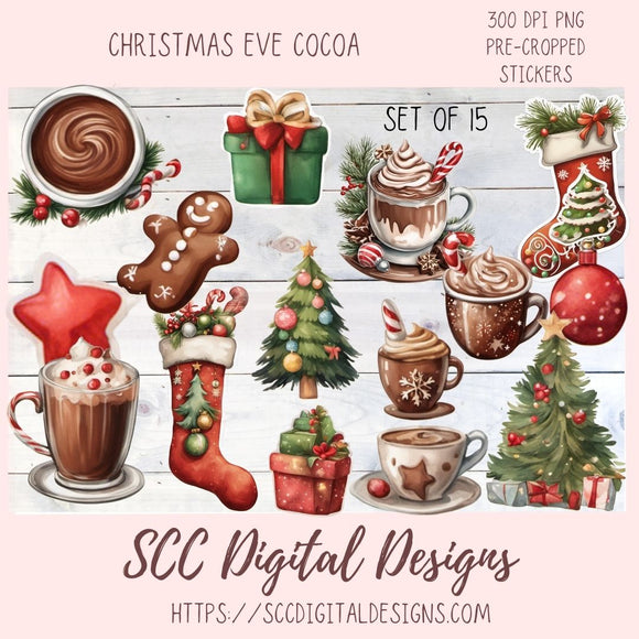 Cute Christmas Eve Cocoa Stickers for Digital or Paper Planners, Pre-Cropped Clipart Printable Stickers for Women, Journal and Scrapbooking