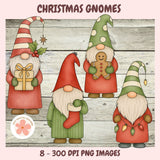 Four Christmas gnomes with different outfits on a wooden background