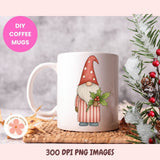 White mug with a Christmas gnome design on a decorative surface with winter elements.
