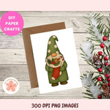 Christmas card with a gnome design on a wooden surface with decorative elements.
