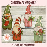 Four Christmas gnomes with festive items on a wooden background, featuring the brand 'MG Digital Design'.