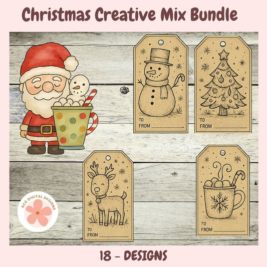 Christmas-themed digital design bundle with Santa, snowman, reindeer, and tree tags on a wooden background.