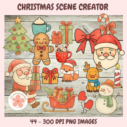 Collection of Christmas-themed illustrations including Santa Claus, reindeer, snowman, and presents on a wooden background.