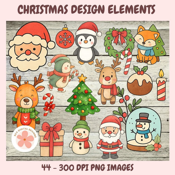 Collection of Christmas-themed design elements on a wooden background