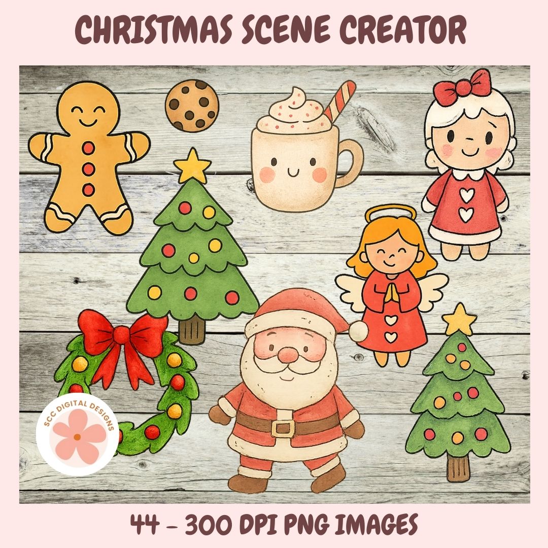 Set of Christmas-themed illustrations including a gingerbread man, cookies, hot chocolate, and Santa Claus on a wooden background.