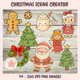 Set of Christmas-themed illustrations including a gingerbread man, cookies, hot chocolate, and Santa Claus on a wooden background.