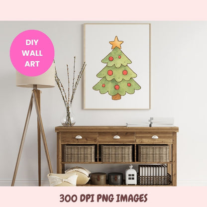 Framed Christmas tree wall art above a wooden console table with decorative items.