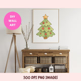 Framed Christmas tree wall art above a wooden console table with decorative items.