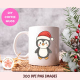 White mug with a penguin design wearing a Santa hat, surrounded by Christmas decorations.