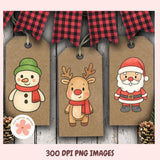 Three Christmas-themed tags with a snowman, reindeer, and Santa Claus on a wooden background with plaid ribbons.