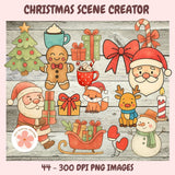 Collection of Christmas-themed illustrations including Santa Claus, reindeer, snowman, and presents on a wooden background.