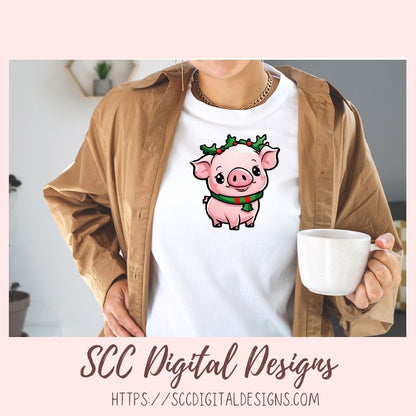 Cute Christmas Pigs Stickers for Digital or Paper Planners, Farm Animals Pre-Cropped Clipart, DIY Wall Art, Mugs, Tumblers & More! Printable Stickers for Women, Kids, Journals & Scrapbooking