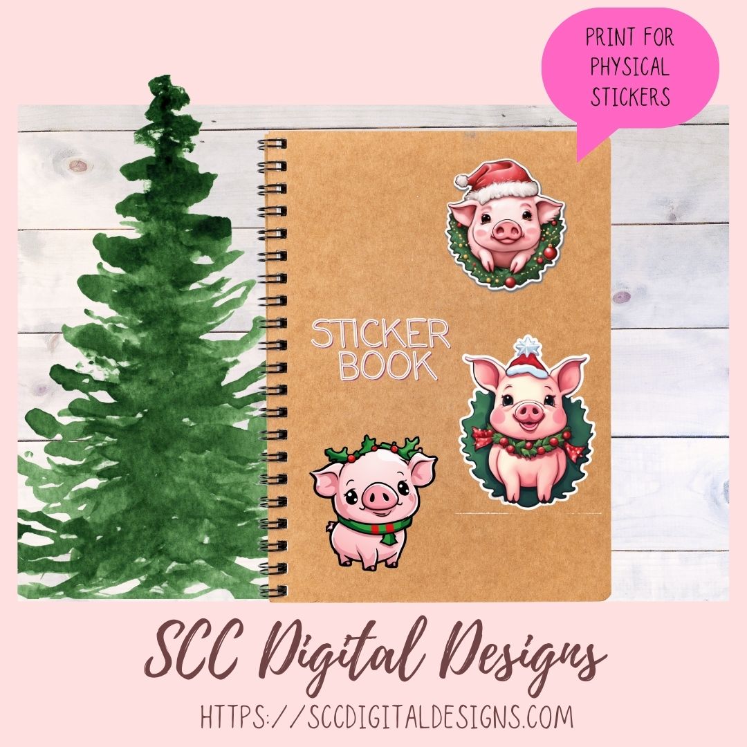 Cute Christmas Pigs Stickers for Digital or Paper Planners, Farm Animals Pre-Cropped Clipart, DIY Wall Art, Mugs, Tumblers & More! Printable Stickers for Women, Kids, Journals & Scrapbooking