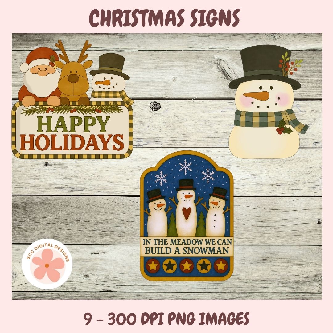 Set of Christmas-themed signs with Santa, reindeer, snowman, and decorative text on a wooden background.