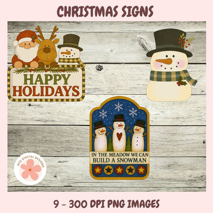 Set of Christmas-themed signs with Santa, reindeer, snowman, and decorative text on a wooden background.